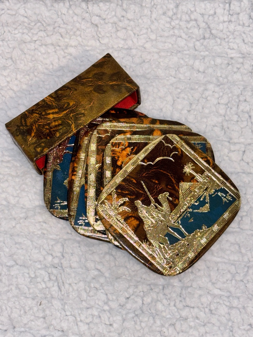 Vintage Egyptian Camel & Pyramid Coaster Set of 6 with Faux Leather Holder